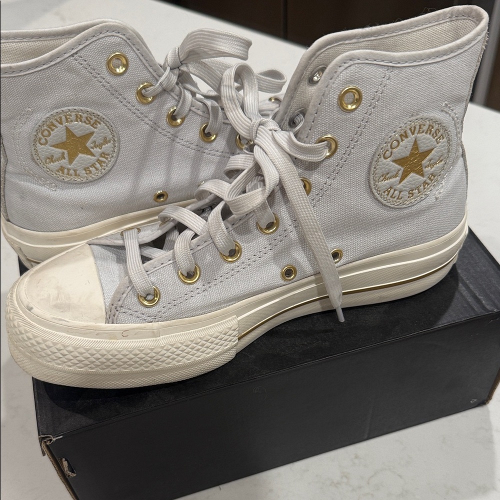 Converse High-Tops in Light Gray with Gold Accents-platform heels-Size 7 Women’s